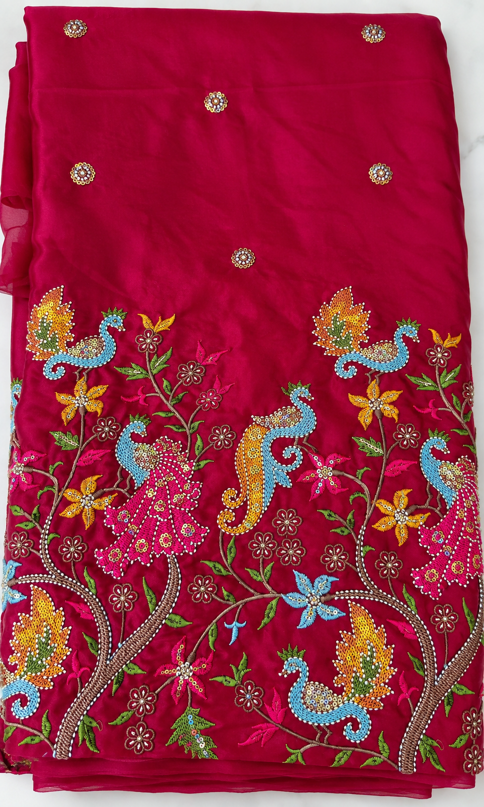 Fuchsia Embroidered Peacock Motif Dress Material