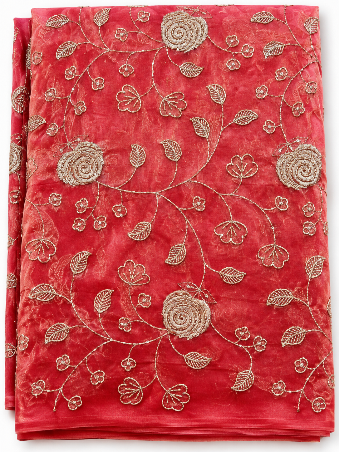 Crimson Velvet with Golden Floral Embroidery Fabric