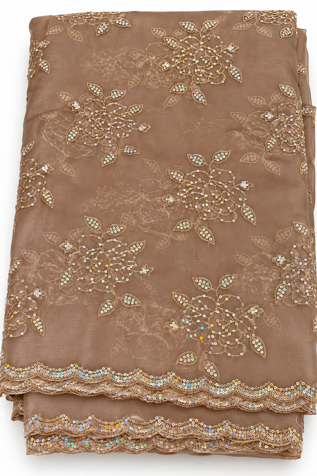 Light Brown Faux Organza Silk Fabric with Floral Sequin & Zari Embroidery