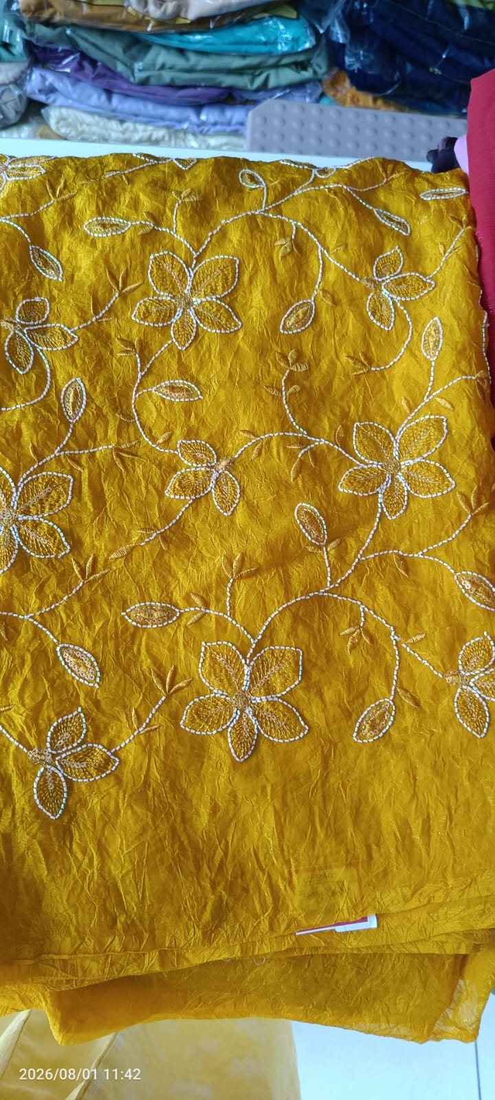 Exquisite Mustard Floral Embroidered Crinkled Chiffon Fabric