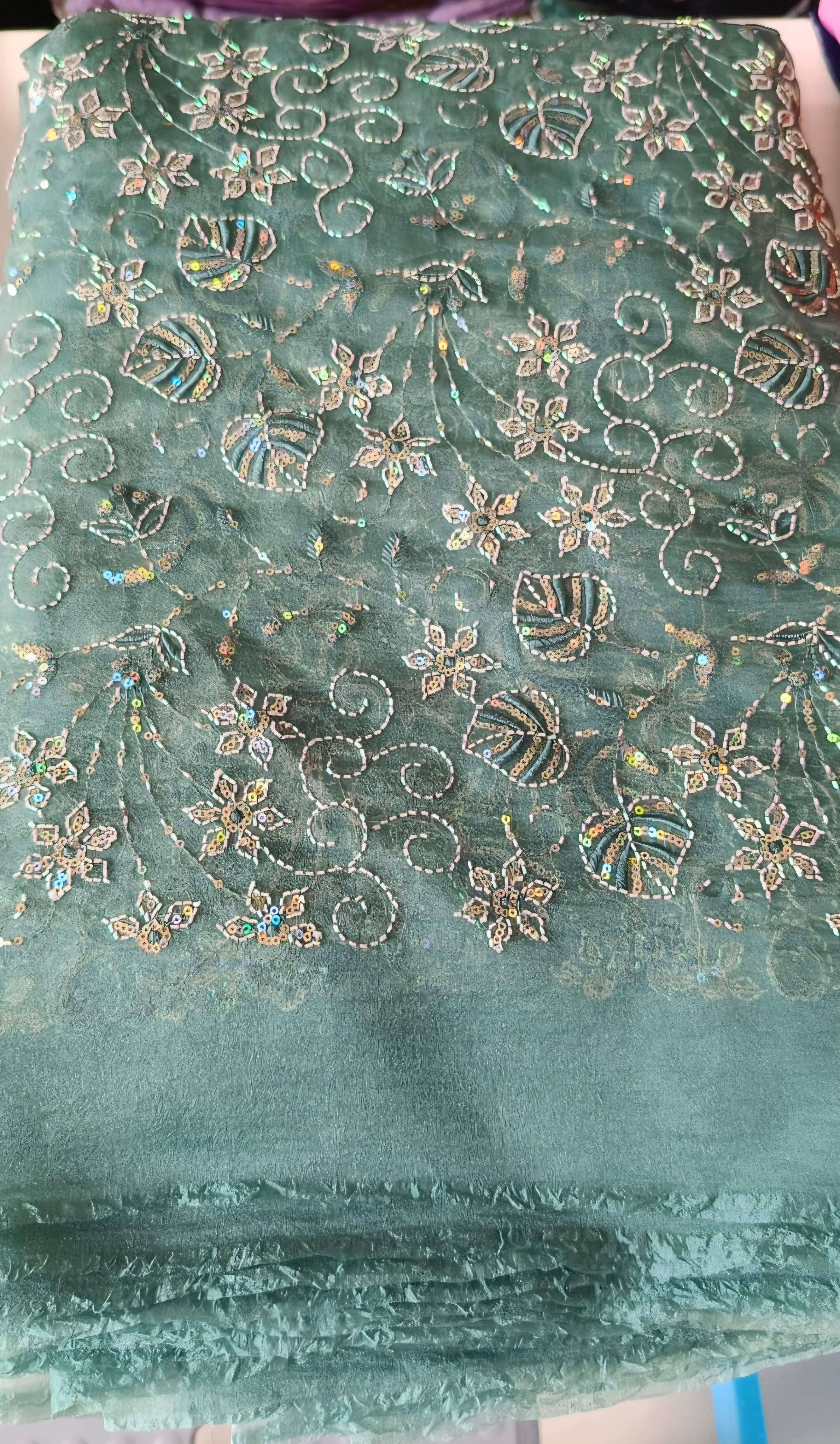 Sea Green Georgette Fabric with Gold & Sequin Floral Embroidery