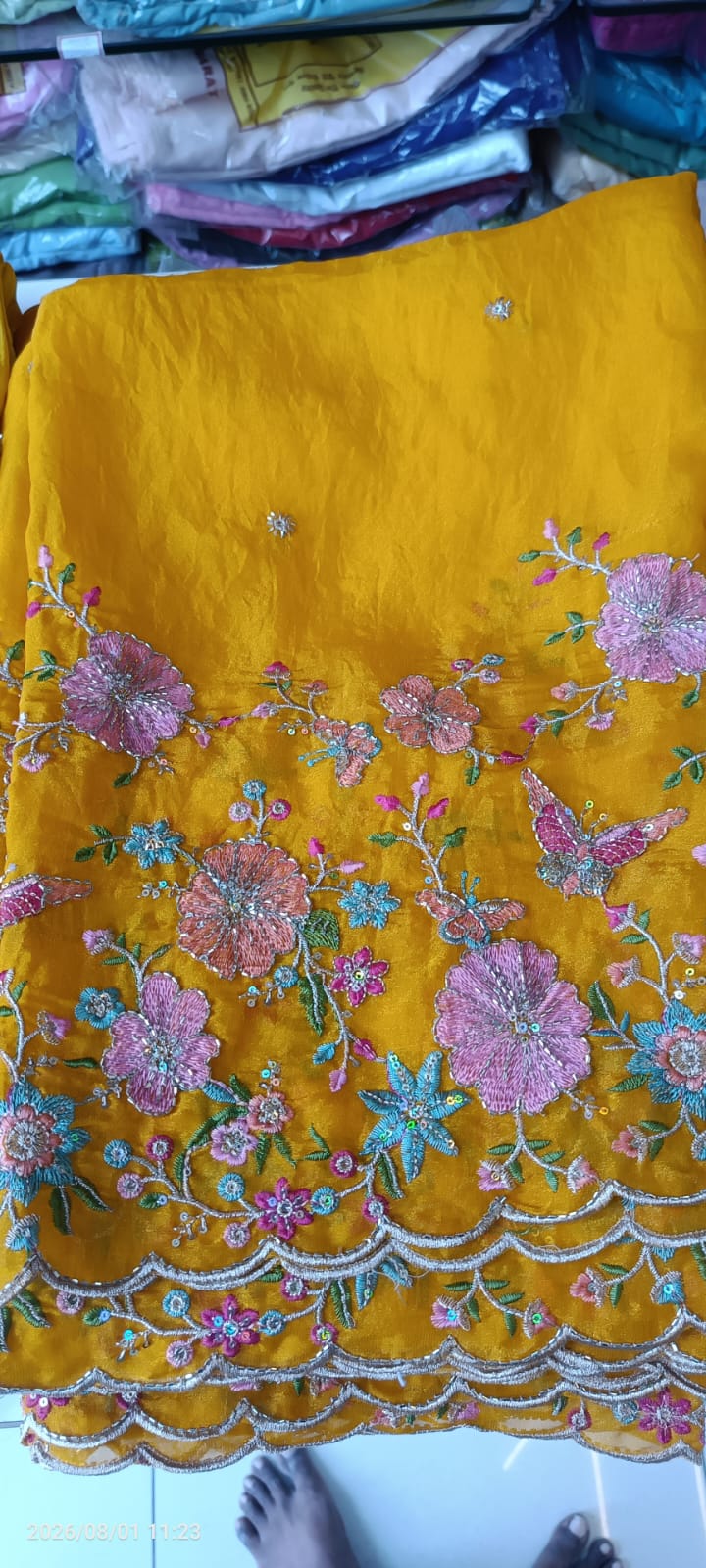 Mustard Yellow Chiffon Fabric with Intricate Floral Embroidery