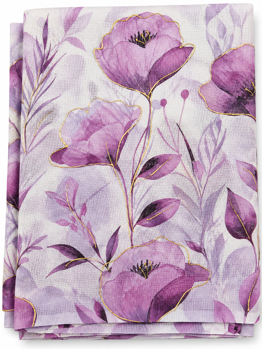 Enchanting Purple Floral Gold-Outline Cotton Blend Kota Checks Fabric