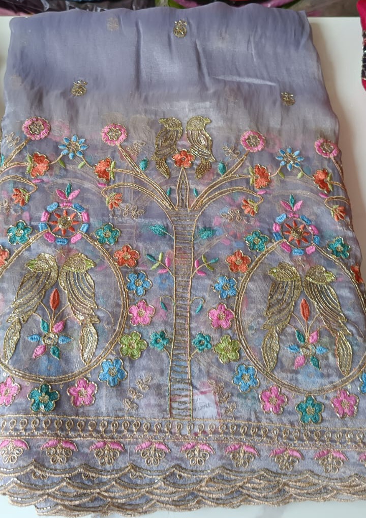 Enchanting Lavender Chiffon Fabric with Tree of Life Embroidery