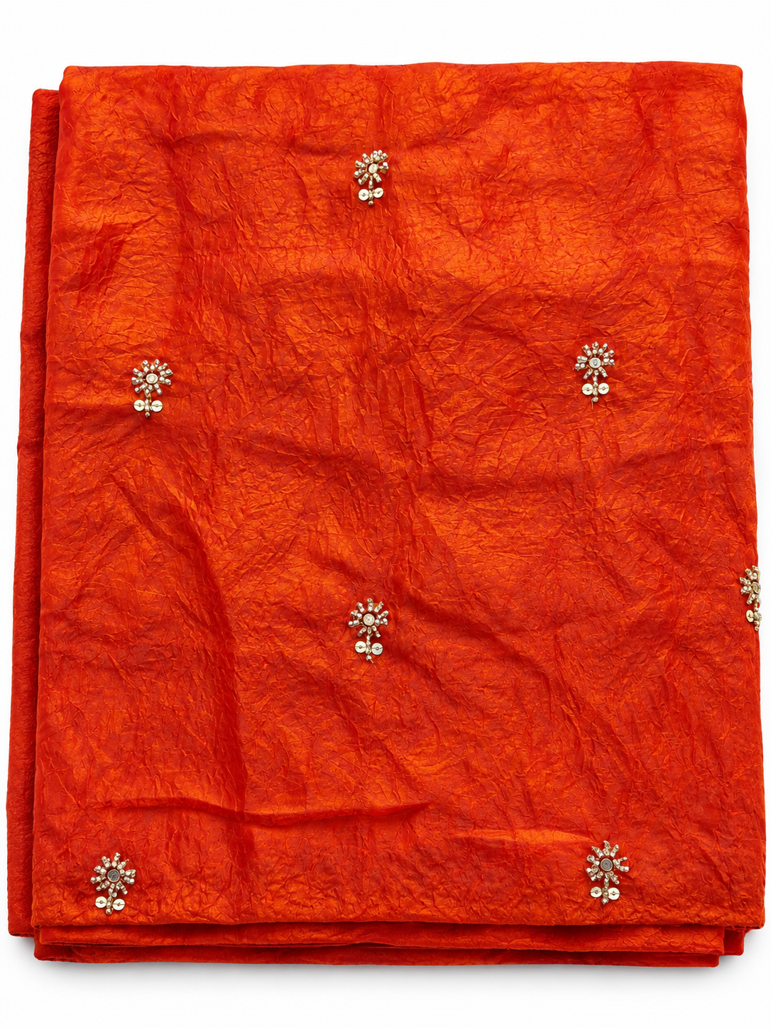 Opulent Rust Crushed Silk Blend Fabric with Zari and Pearl Embellishments