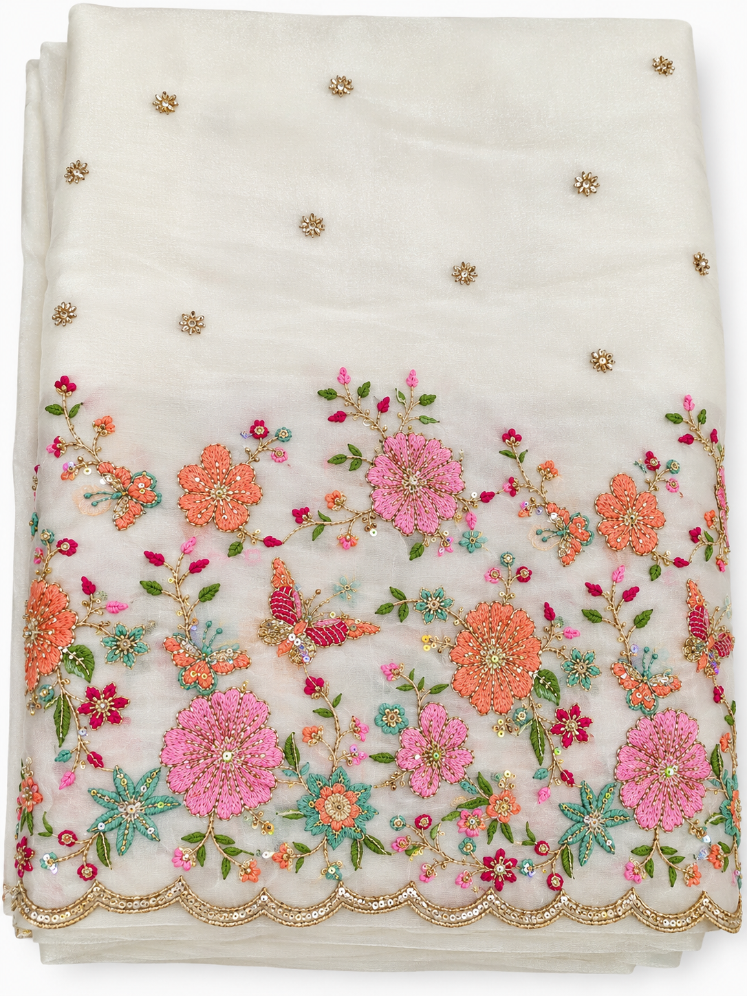Off-White Organza Fabric with Multicolored Floral & Butterfly Embroidery