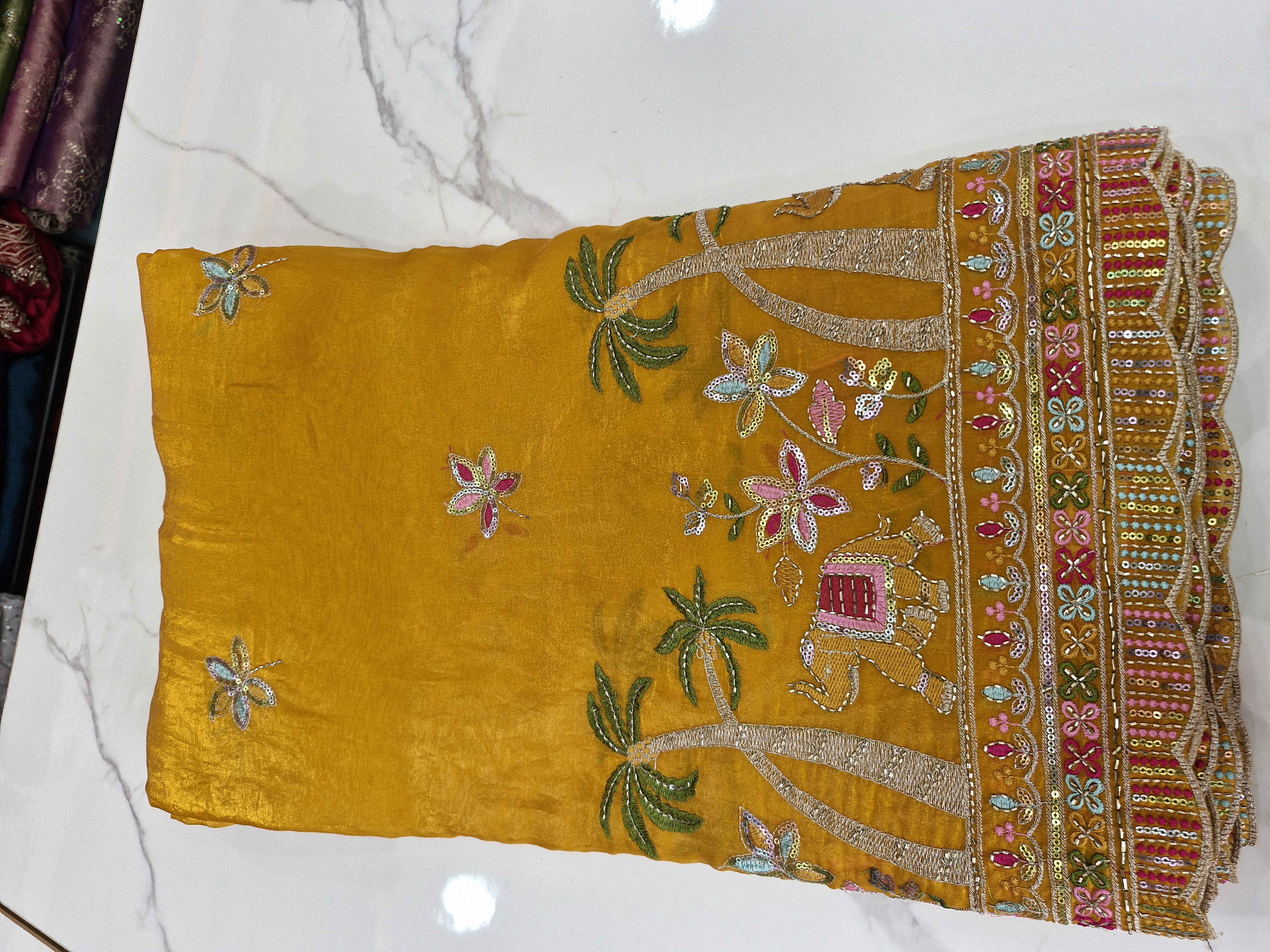 Mustard Velvet Fabric with Elephant & Palm Tree Embroidery