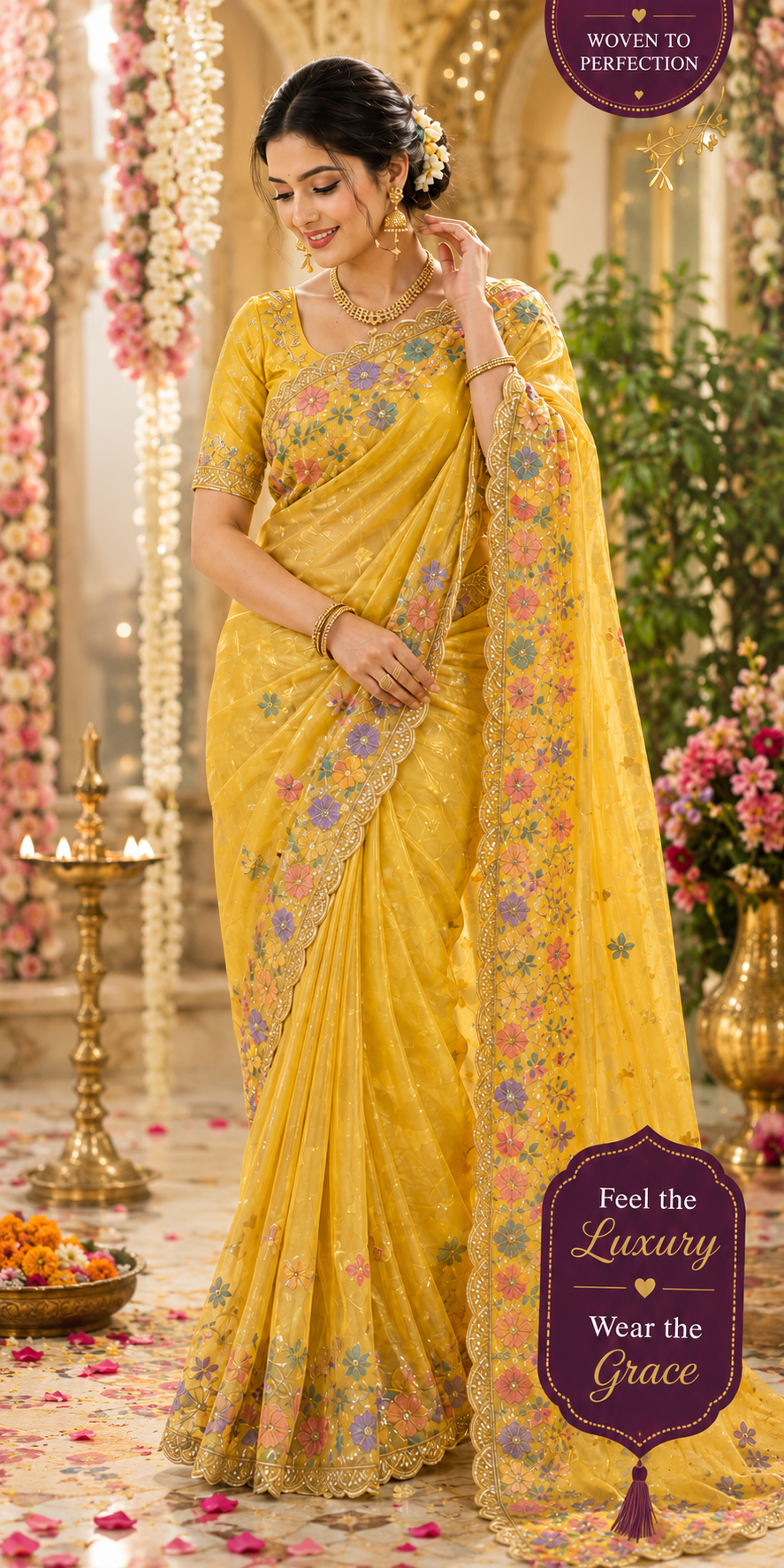 Elegant Yellow Organza Saree with Multicolor Floral Embroidery