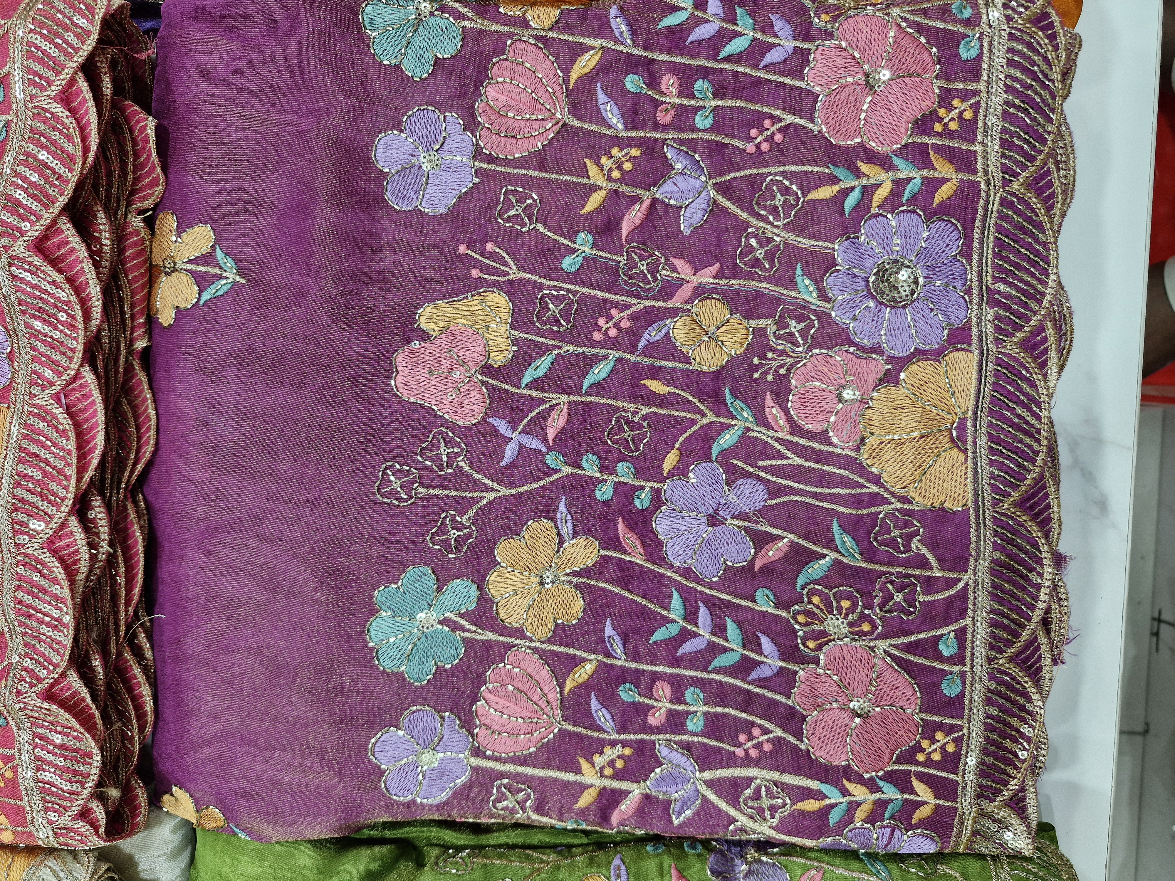 Exquisite Plum Georgette Dupatta Fabric with Vibrant Floral Embroidery