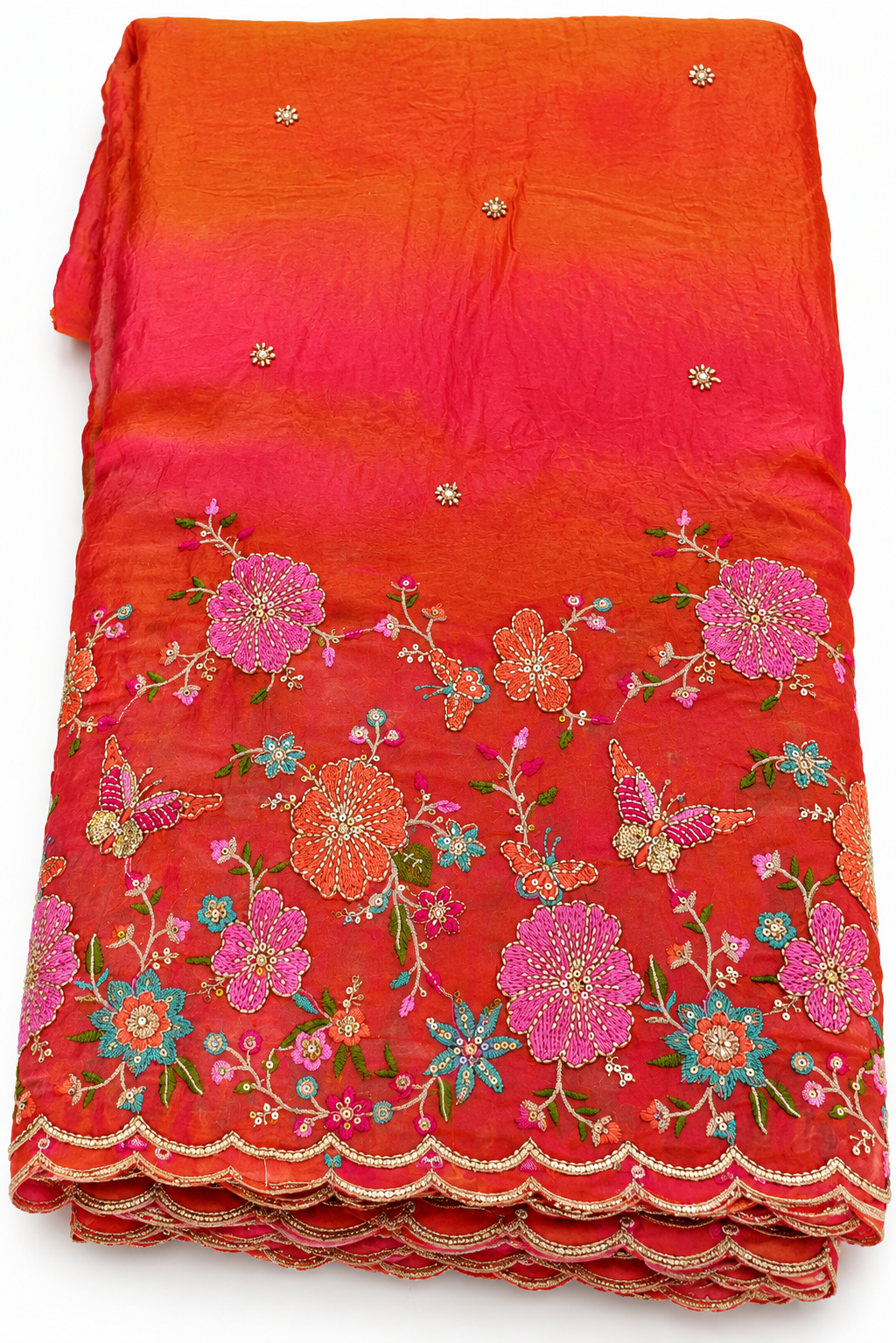 Ombre Orange-Pink Chiffon Blend Fabric with Embroidered Floral & Butterfly Motif