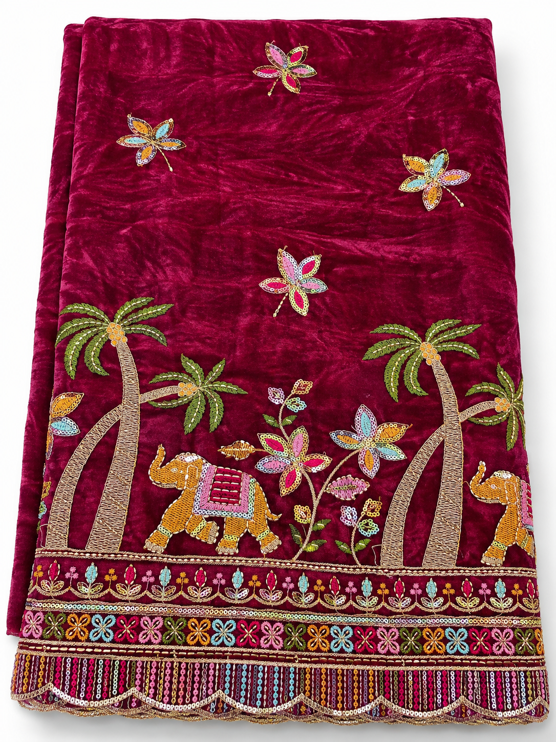 Exquisite Maroon Velvet Fabric with Elephant & Tropical Embroidery