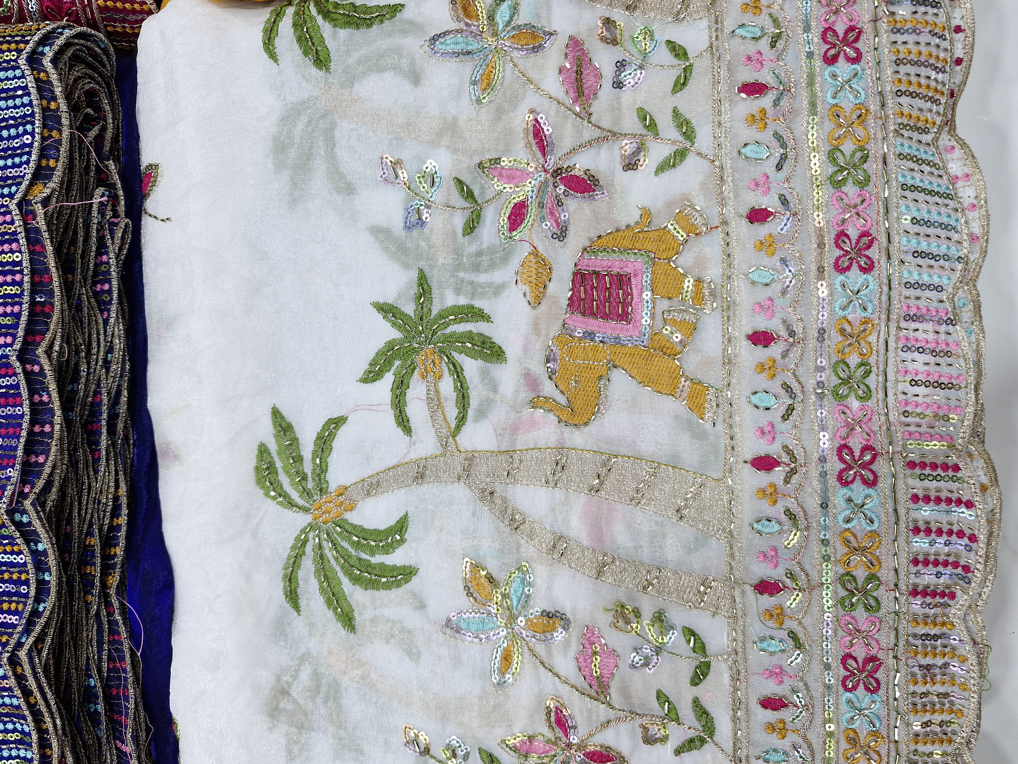 Lush Tropic Ivory Georgette Fabric with Multi-Embroidered Elephant & Palms