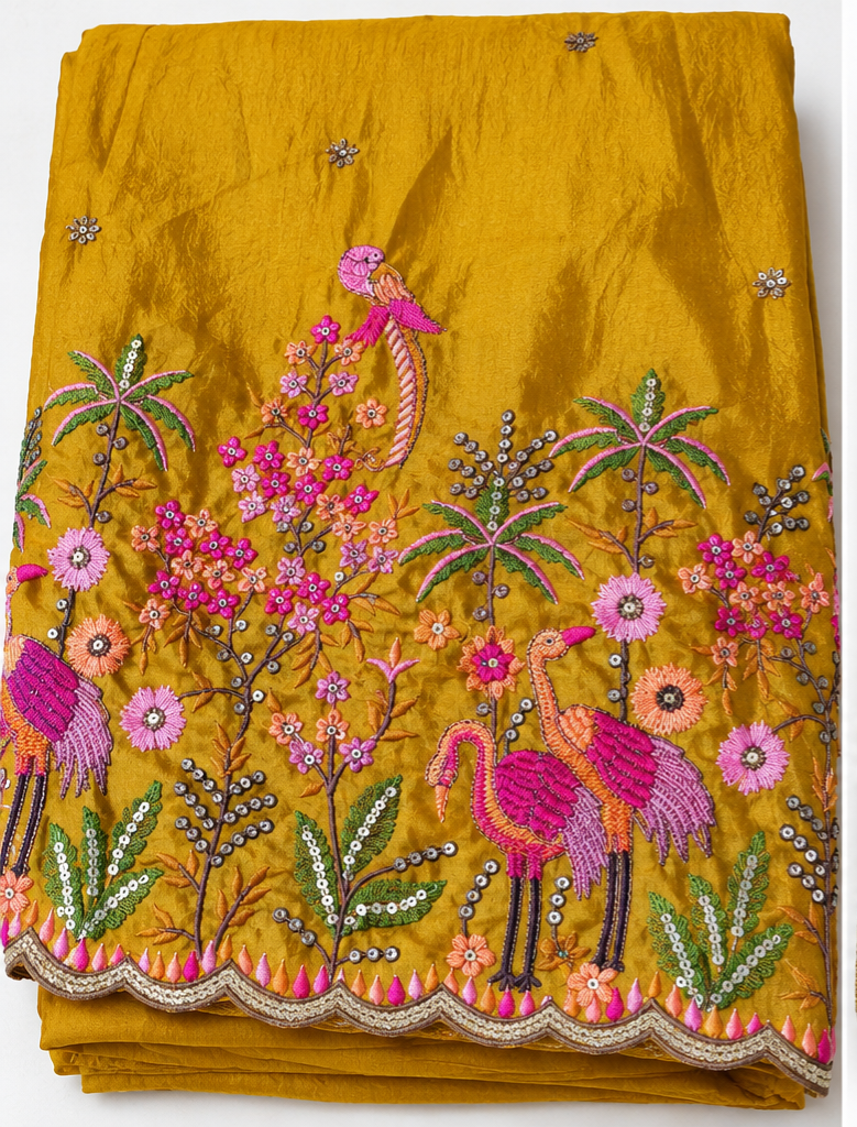 Exotic Mustard Embroidered Viscose Blend Fabric with Birds & Florals