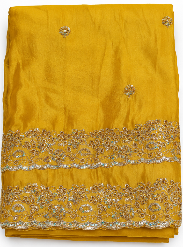 Vibrant Yellow Silk Blend Fabric with Zari and Sequin Embroidery