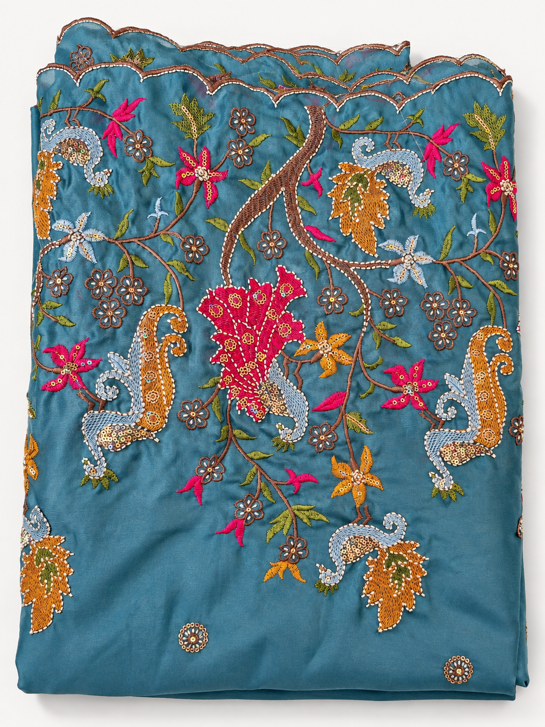 Teal Blue Embroidered Art Silk Scalloped Dupatta with Floral Motifs