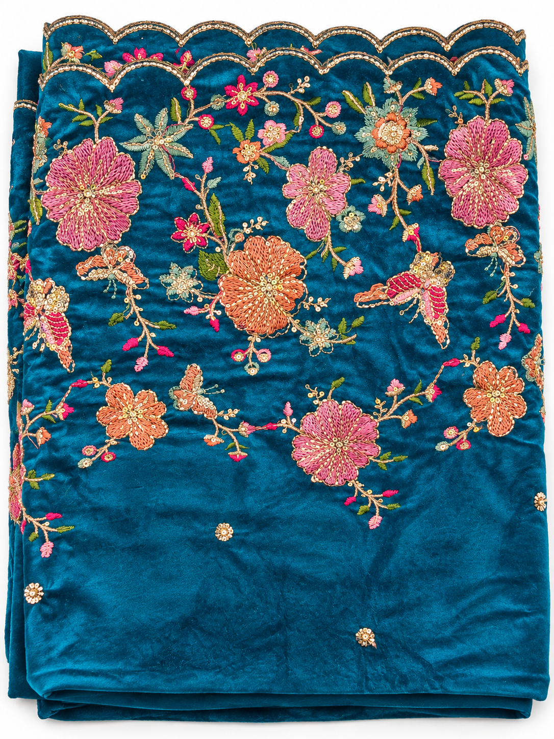 Teal Velvet Embroidered Floral Fabric with Scalloped Border