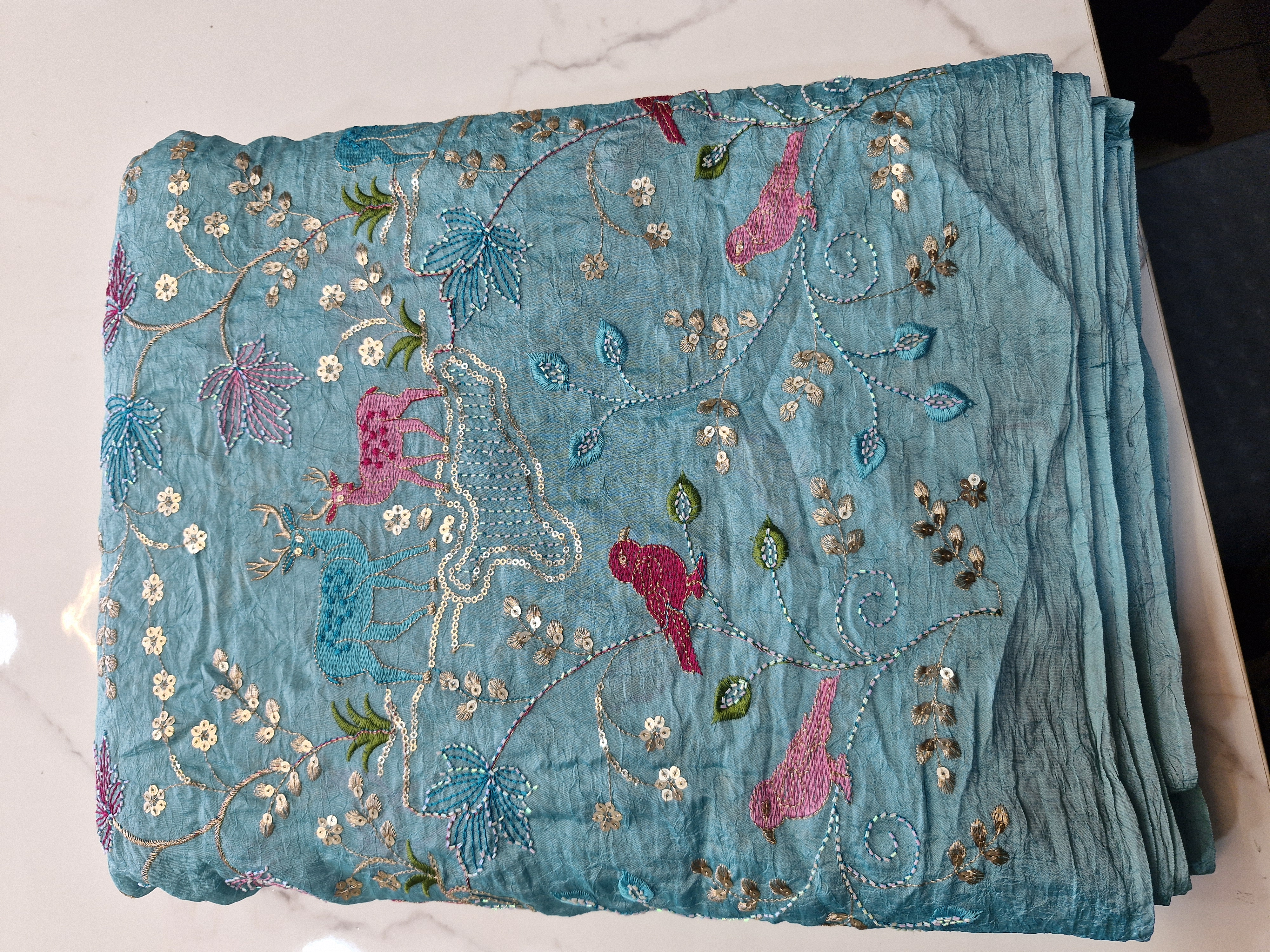 Enchanted Forest Aqua Blue Georgette Fabric with Sequence & Thread Work