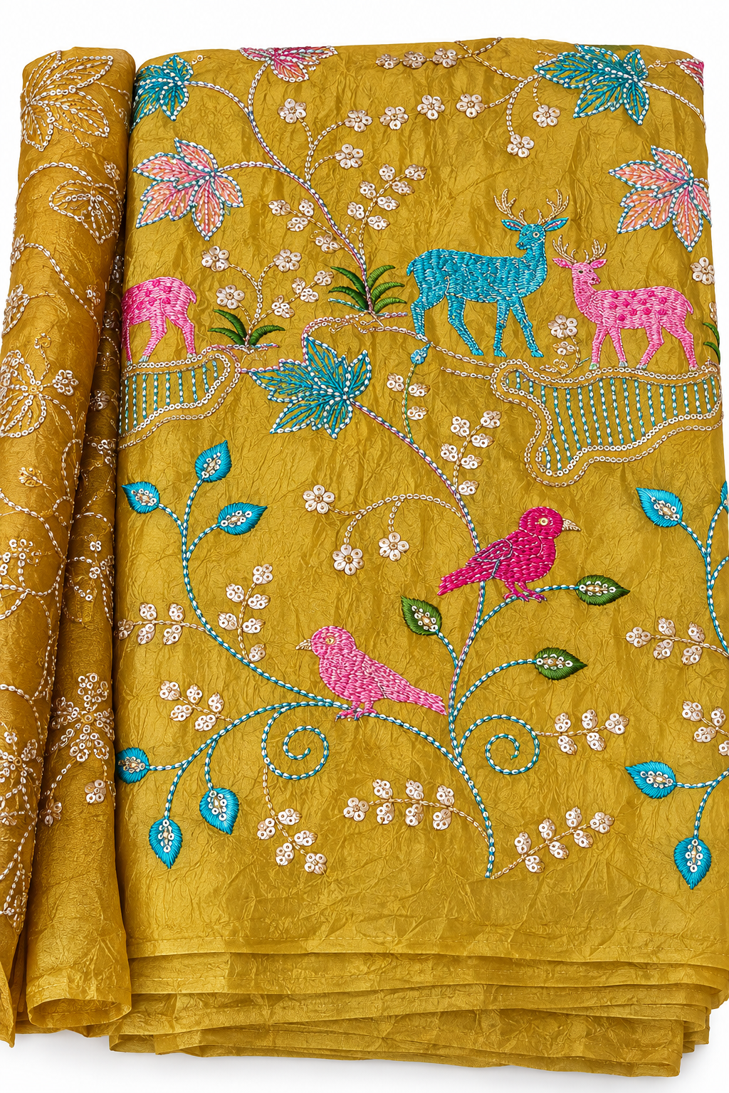 Mustard Embroidered Crinkled Dress Material with Animal & Bird Motifs