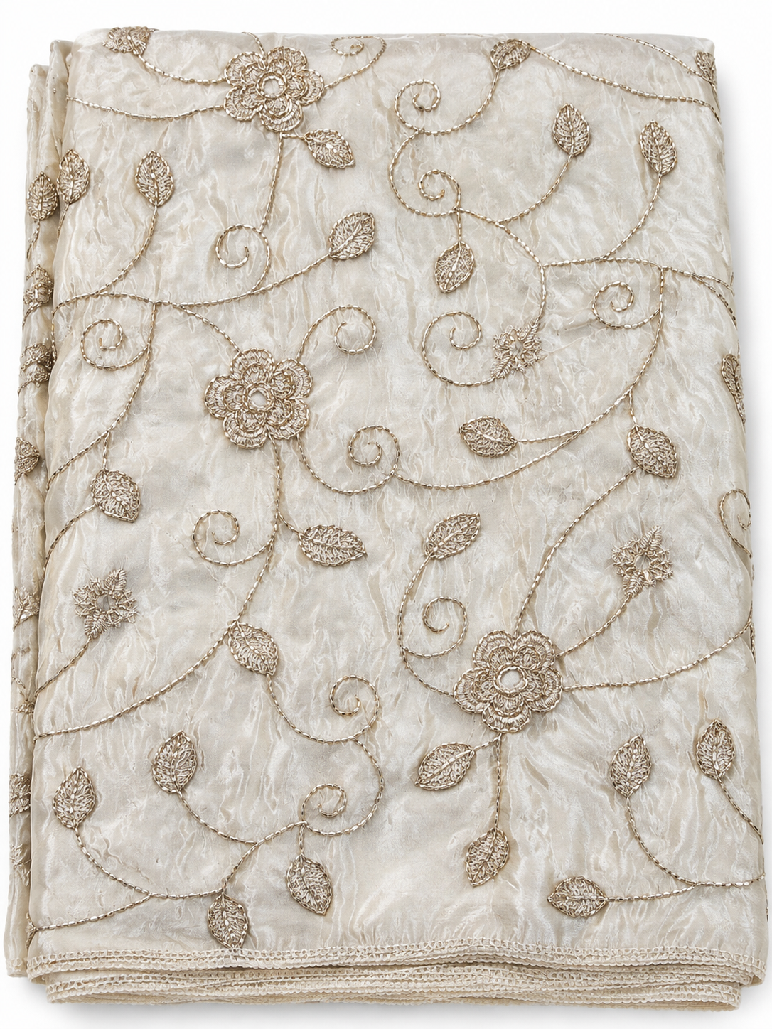 Cream & Gold Embroidered Tissue Silk Blend Fabric