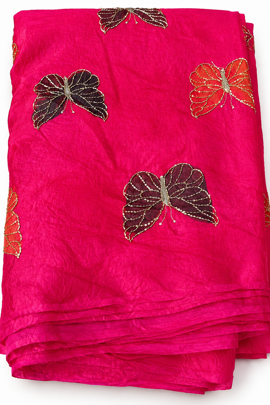 Exquisite Rani Pink Crushed Fabric with Butterfly Embroidery