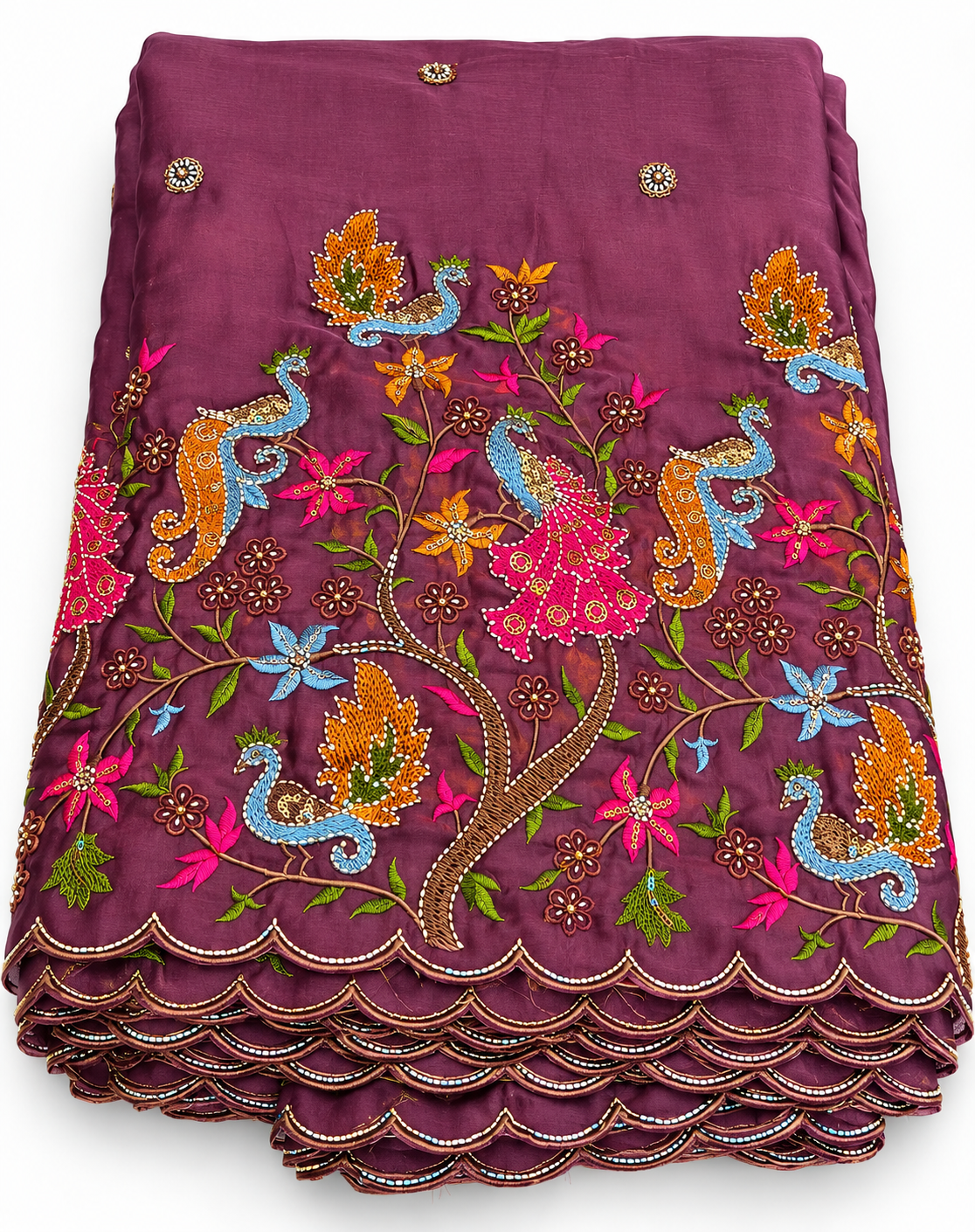 Deep Plum Raw Silk Fabric with Embroidered Peacock & Floral Motifs