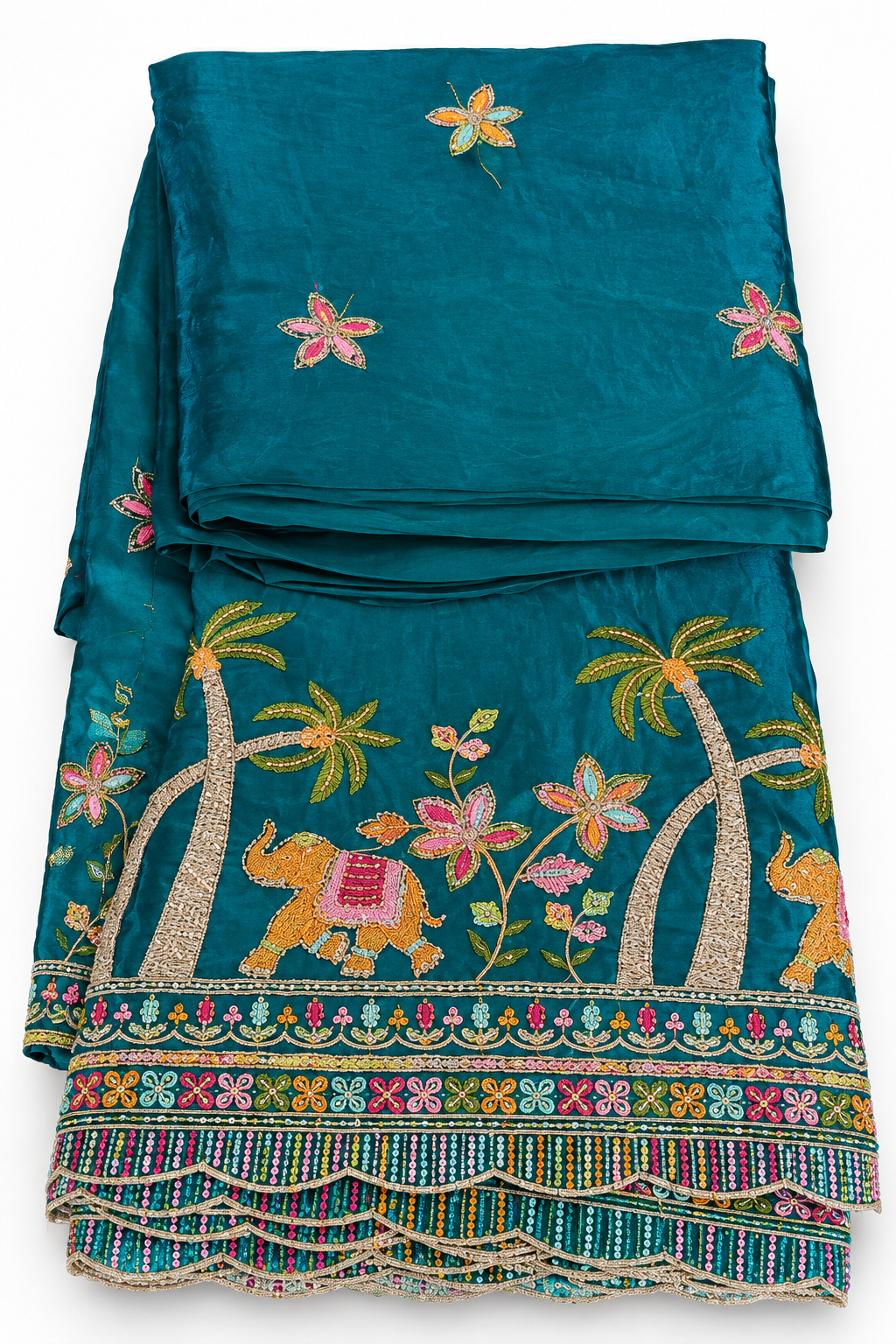 Exquisite Teal Embroidered Suit Fabric with Elephant & Palm Motifs