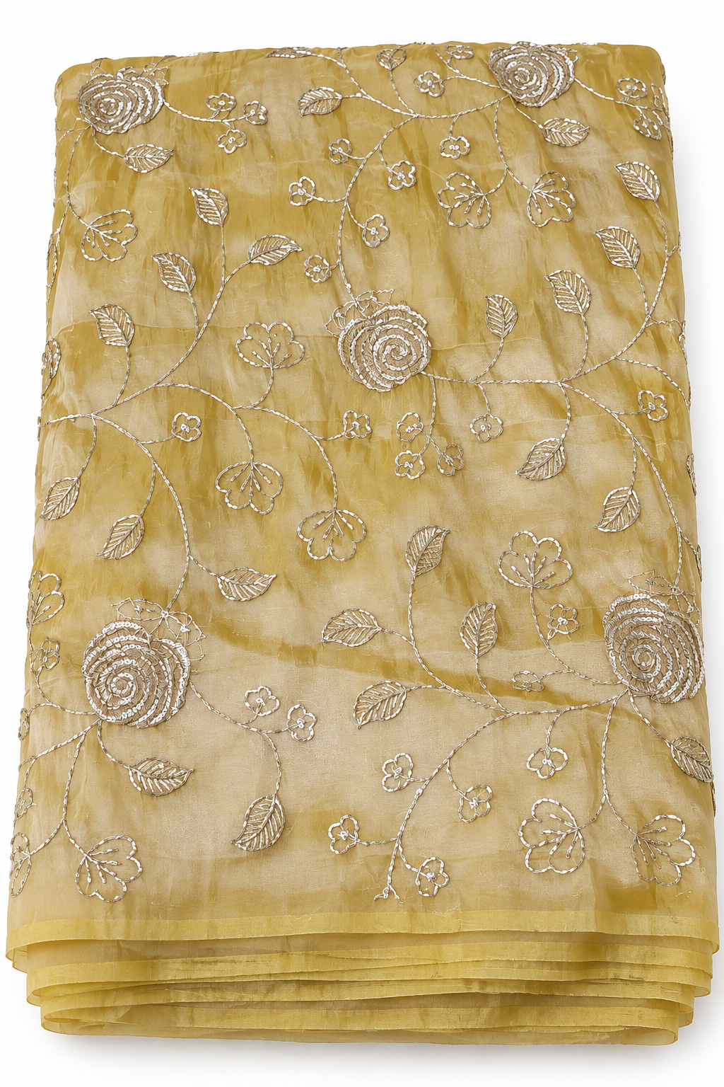 Exquisite Golden Yellow Organza Silk Fabric with Silver Floral Embroidery