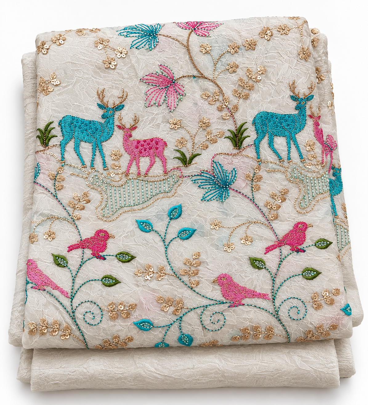 Chic Off-White Georgette Fabric with Pink Bird & Deer Embroidery
