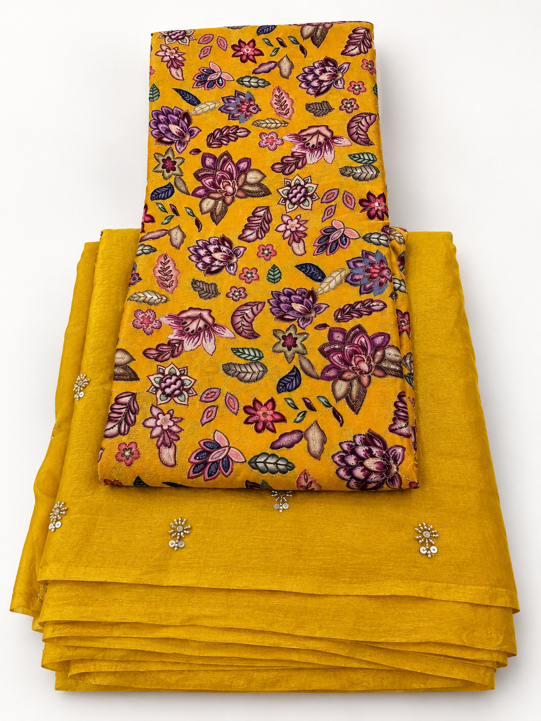 Mustard Yellow Floral Embroidered Chiffon Blend Lehanga Dress Material Combo