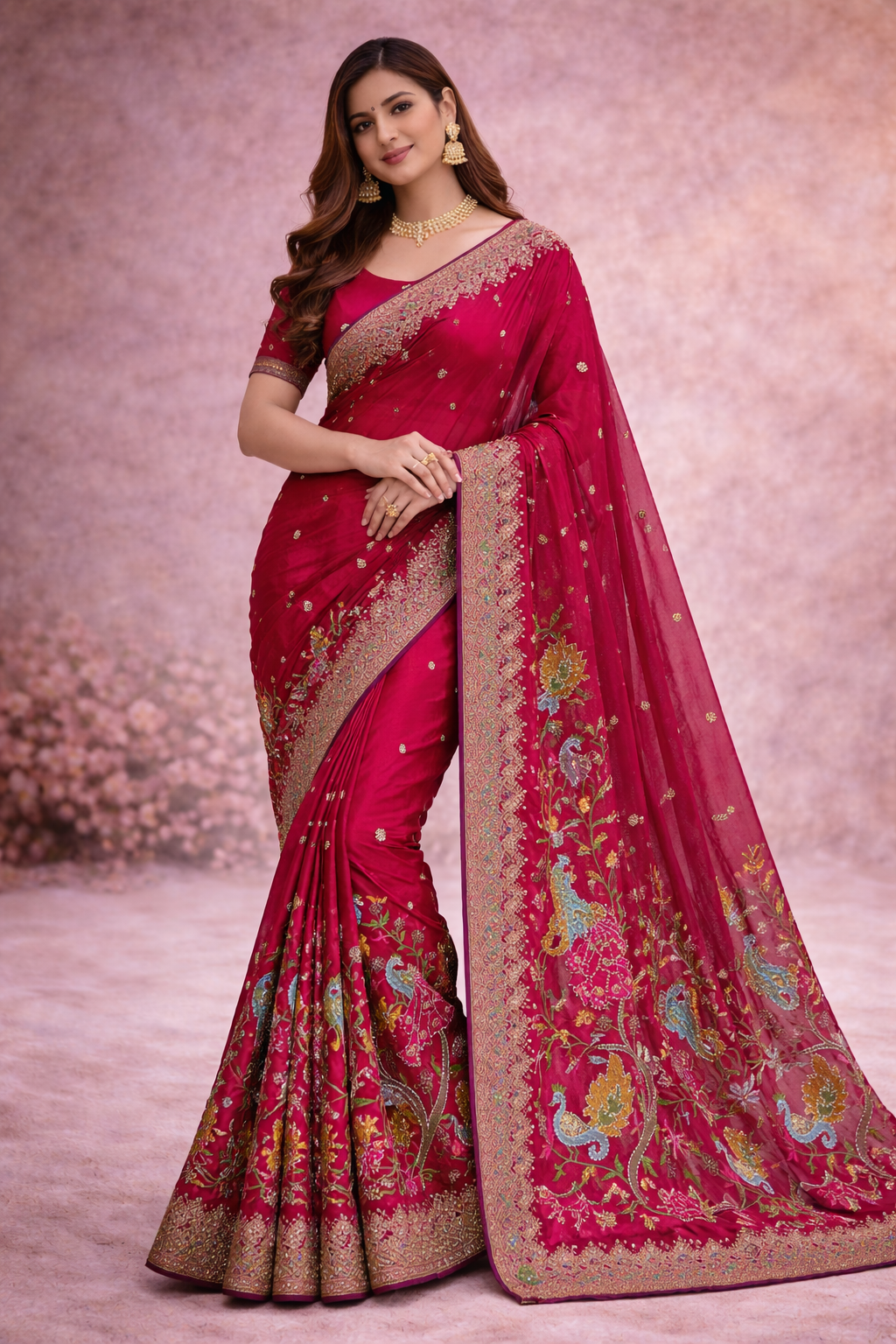 Exquisite Red Embroidered Peacock & Floral Saree