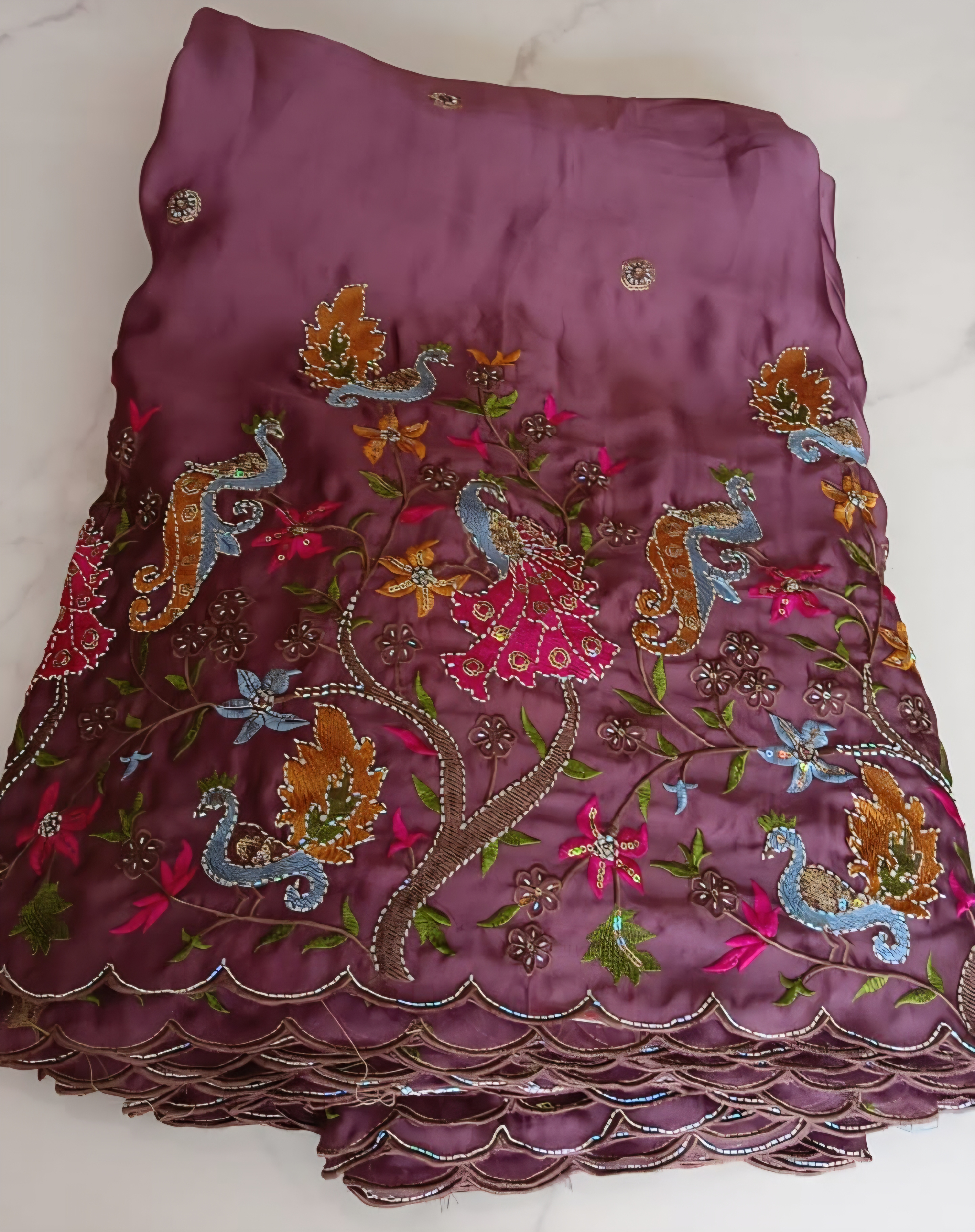 Dusty Purple Faux Organza Fabric with Peacock & Floral Embroidery